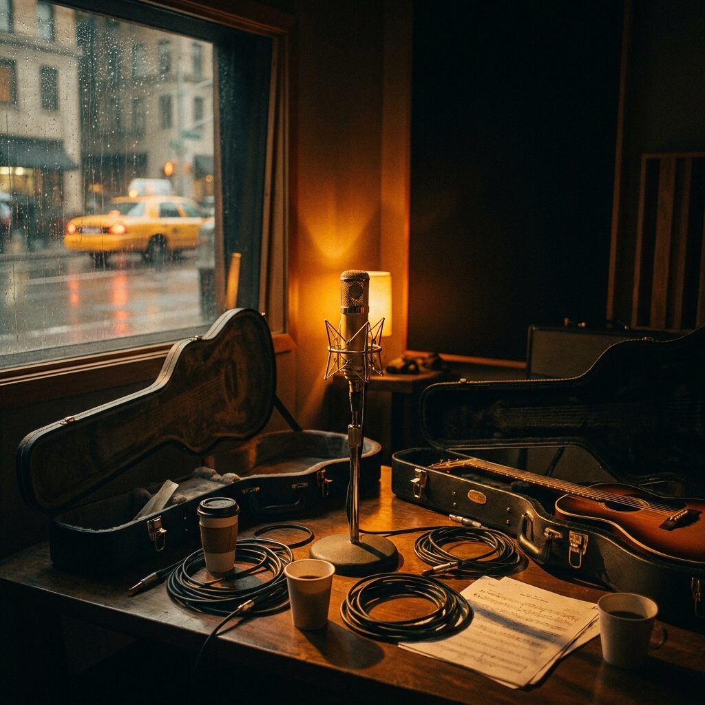 A stylized artistic scene of a dimly lit recording studio at the end of a long session — instrument cases open and half-packed, a single microphone still standing in warm amber light, a taxi visible through a rain-streaked window, the mood contemplative and bittersweet, golden hour lighting with deep shadows, a sense of creative magic lingering in the empty room