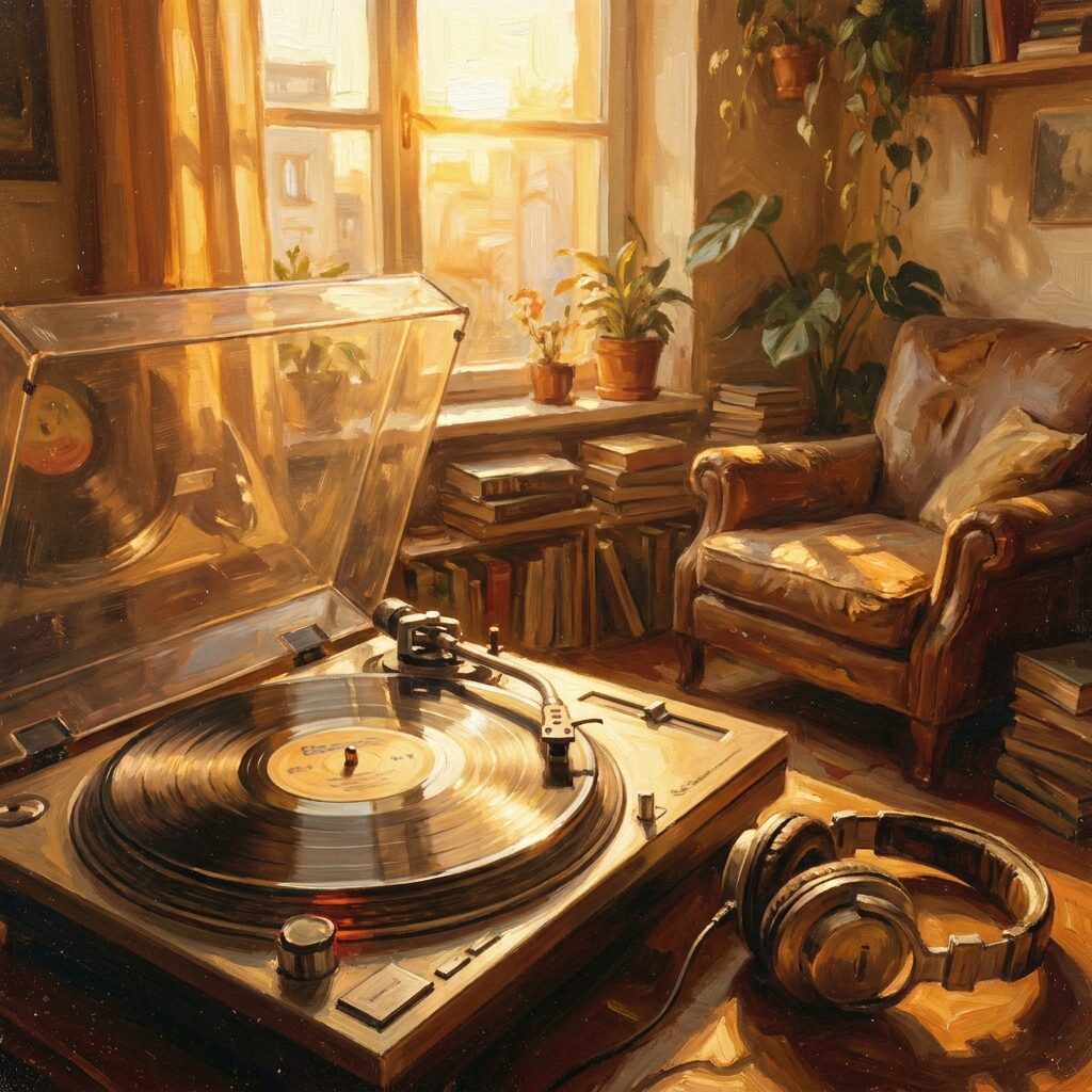 A contemplative artistic scene showing a vinyl record spinning on a turntable in a quiet room at golden hour, warm light streaming through a window casting long shadows, the record label visible but intentionally blurred and unreadable, a pair of headphones resting nearby, the mood is reflective and warm, rendered in soft painterly strokes with a golden amber color palette suggesting both nostalgia and ongoing presence