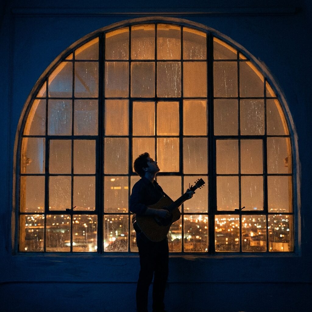 A lone musician silhouetted against a tall illuminated window at night, holding a guitar, looking upward, city lights twinkling in the far background, the scene bathed in deep blue and warm amber tones, cinematic composition with strong contrast between shadow and light, painterly and atmospheric, evoking longing and persistence
