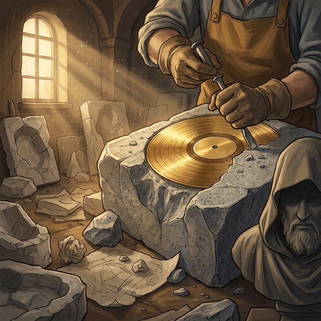 A stylized illustration of a sculptor