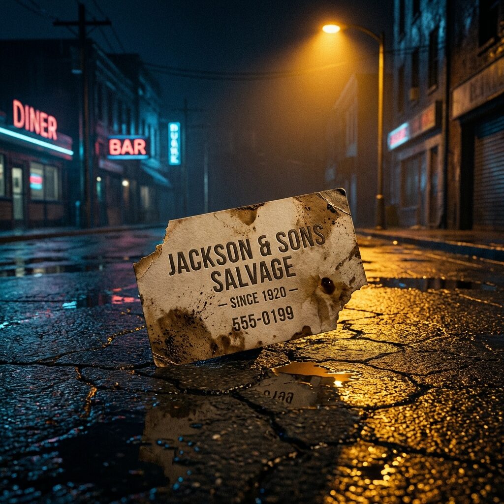 A weathered business card lying on cracked asphalt, illuminated by a single streetlight at night. The card is slightly torn and stained but still legible in its design. Rain puddles reflect the streetlight creating golden pools of light. Urban nighttime atmosphere — empty street, distant neon signs blurred in the background. The card appears indestructible despite its environment. Moody noir aesthetic with warm amber streetlight against cool blue-black night. Cinematic still life composition.