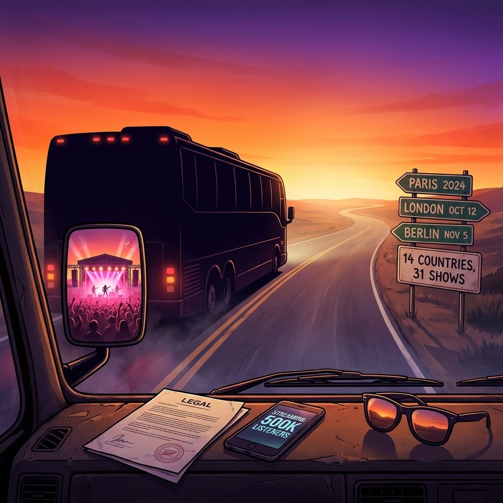 A stylized artistic scene of a lone highway stretching toward a distant horizon at dusk, with a tour bus silhouetted against a sky bleeding from warm orange into deep purple. In the rearview mirror mounted on the left side, a small reflection shows a packed concert venue ablaze with pink light. Road signs along the highway list city names and dates — 14 countries, 31 shows. The road ahead is open but uncertain. Scattered on the dashboard: a legal document, a phone showing streaming numbers, and a pair of sunglasses reflecting the sunset. Melancholic but forward-moving. Cinematic illustration style with rich color gradients.