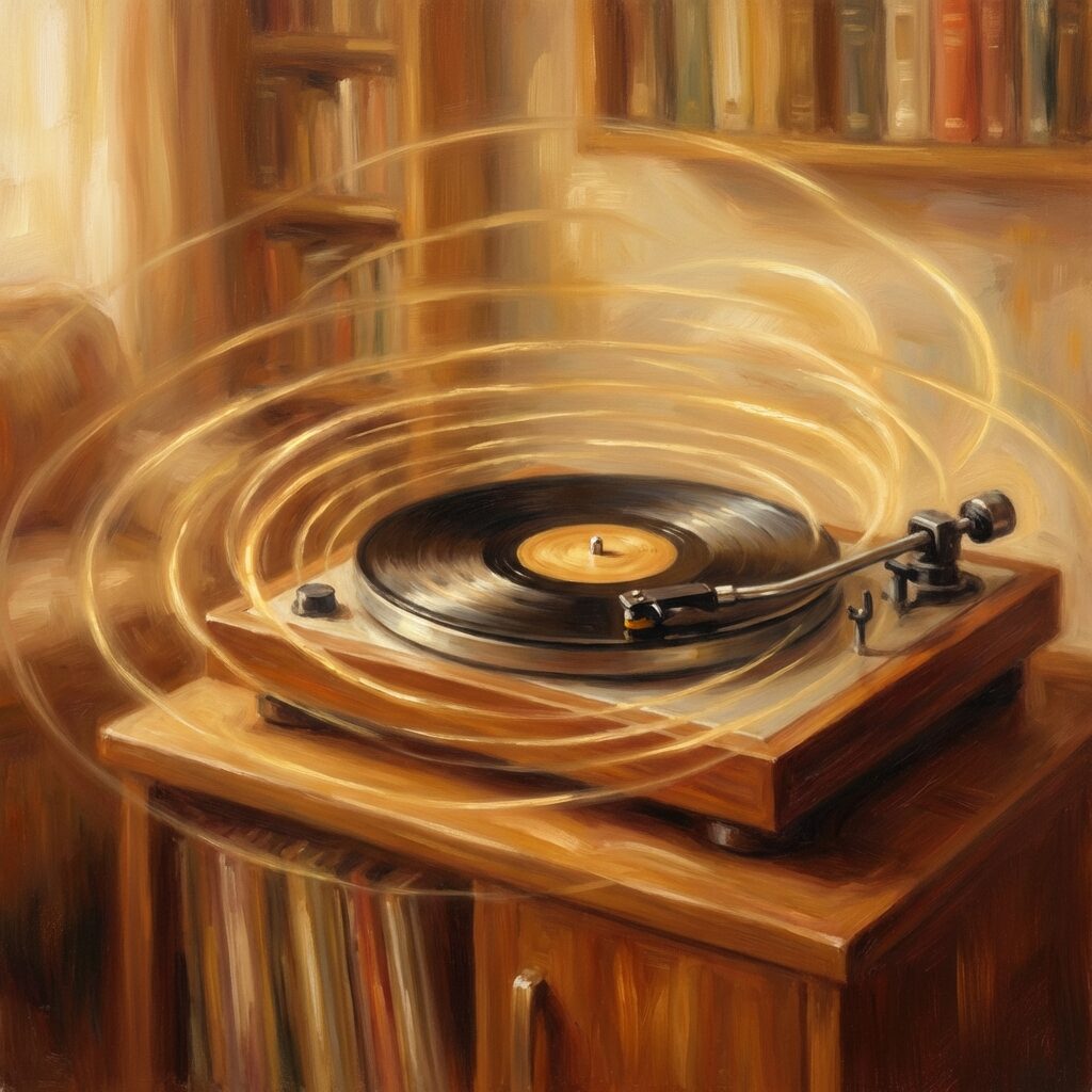 A stylized artistic rendering of an old wooden barn door slightly ajar, with warm golden light spilling out from inside. Through the gap, crates of vinyl records are visible, bathed in soft light. Outside the barn, a sweeping view of a city below a hillside at golden hour. A guitar leans against the barn