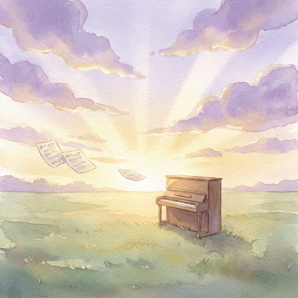 A stylized artistic scene of early morning light breaking through clouds over a wide green landscape. In the middle distance, a modest upright piano sits alone in an open field — no walls, no room, just the instrument and the sky. A few scattered pages of handwritten notes drift in a gentle breeze. The mood is hopeful but grounded, not sentimental. Soft watercolor style with warm dawn colors — pale gold, lavender, soft green. Square composition, wide and contemplative.