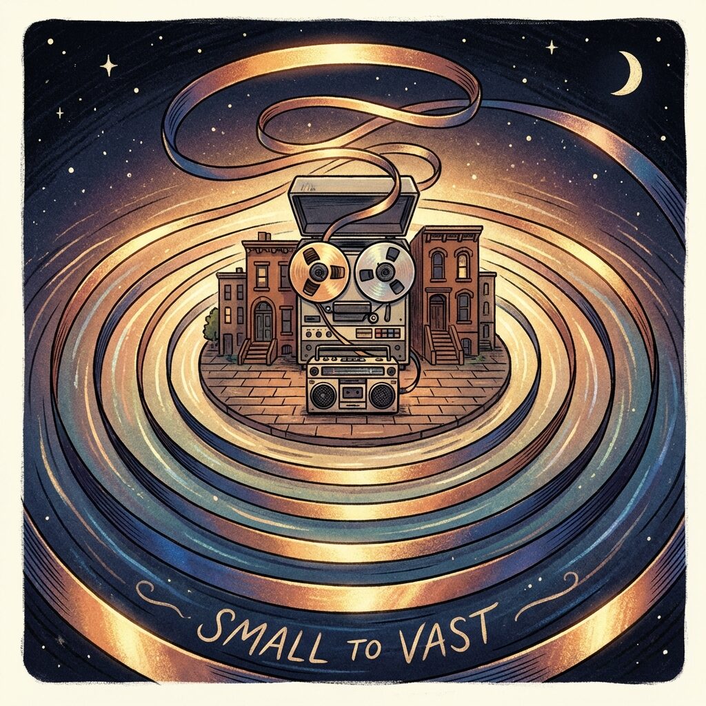 A stylized illustration of a reel-to-reel tape unspooling in a spiral pattern, the magnetic tape forming concentric circles that expand outward like ripples in water. At the center, a small boombox sits on a New York City sidewalk. The tape ribbons catch light in iridescent colors — gold, copper, deep blue. The background fades from a warm interior glow to a cool night sky with stars. The composition suggests something small becoming something vast. The mood is reflective and quietly triumphant.