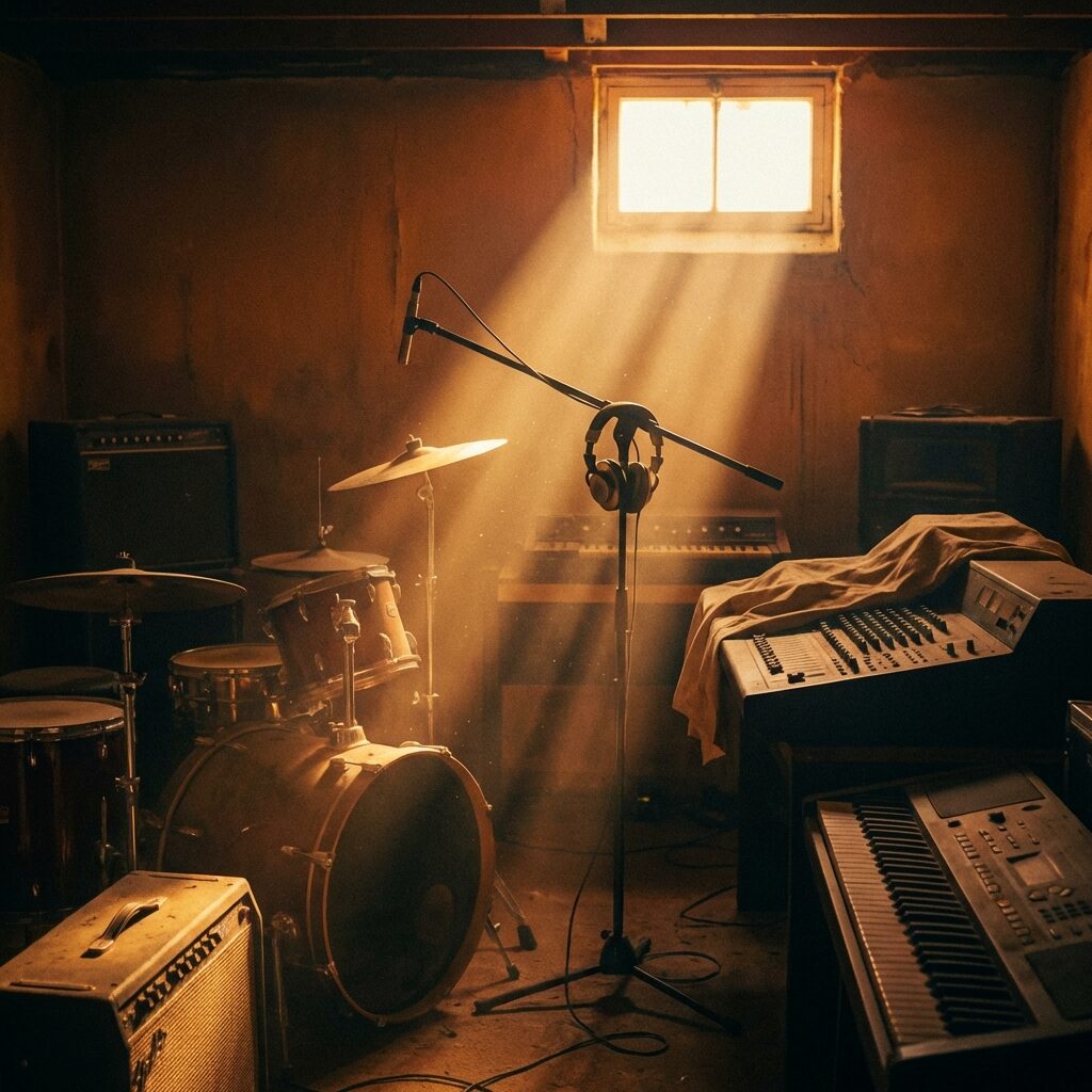 A stylized artistic scene of an empty basement studio at dusk, equipment still in place but covered in a thin layer of dust, a single shaft of warm golden light streaming through a small window, dust motes floating in the beam, a pair of headphones hanging from a mic stand, the feeling of a sacred space left behind, melancholic but warm atmosphere, rich amber and shadow tones, square composition