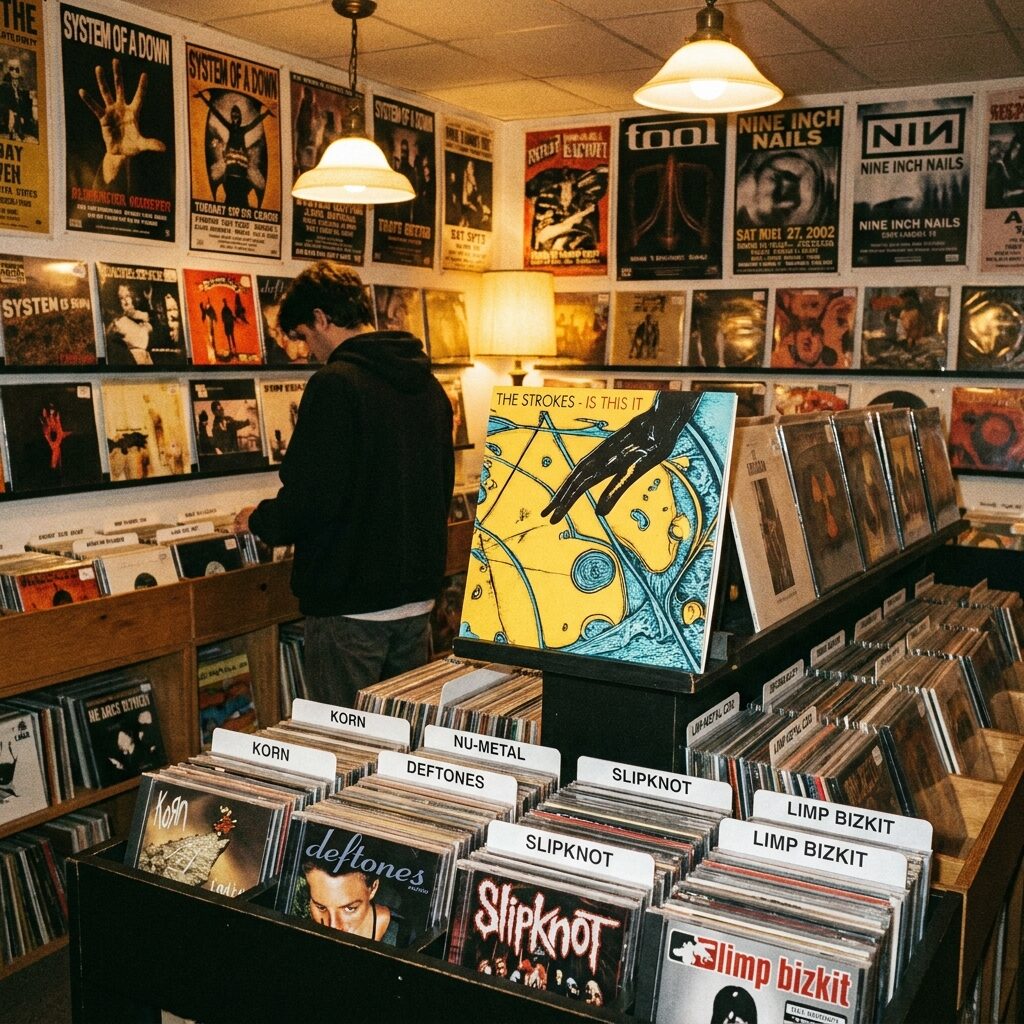 A dimly lit year-2000 era independent record store, CDs of heavy nu-metal albums in bins in the foreground, a display rack of a debut album with distinctive yellow artwork angled toward the viewer, warm tungsten lighting, vintage concert posters on the walls, film grain, photorealistic retro composition