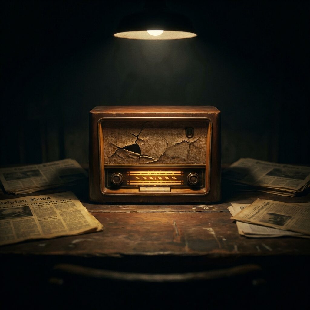 A single vintage radio sitting on a dark surface, its dial glowing amber, with a cracked speaker grille, surrounded by scattered newspaper clippings that are blurred and unreadable, moody dark atmosphere with a single overhead spotlight, tension between warmth of the radio glow and the darkness around it, square composition, chiaroscuro lighting, painterly style