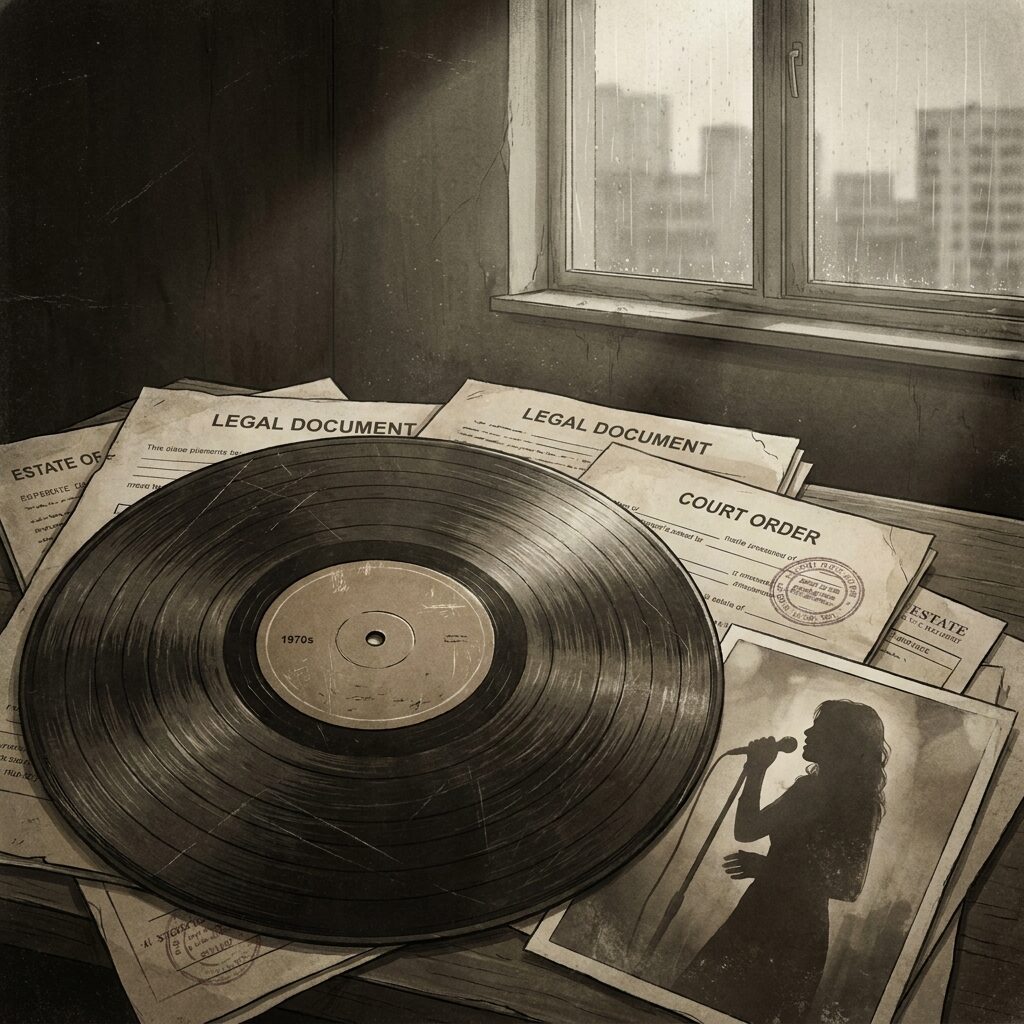 A stylized, somber illustration of a vintage 1970s vinyl record with visible grooves, partially obscured by legal documents and court papers. A faded photograph sits nearby showing a silhouette of a singer at a microphone. The lighting is dim and melancholic, with muted sepia tones and deep shadows. A hospital window in the background lets in pale light. The mood is reflective and serious. Square format, textured illustration style with a worn, aged quality.