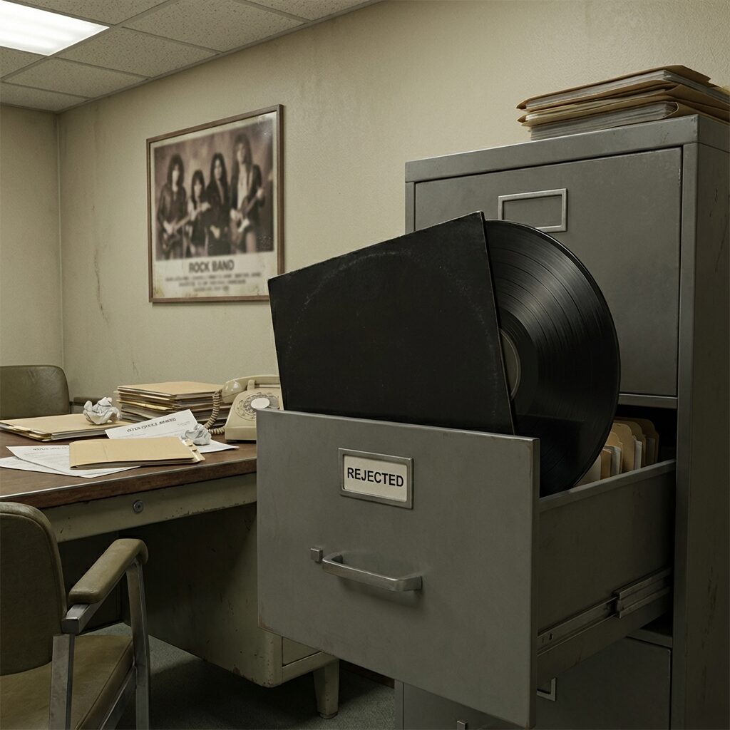 A vinyl record emerging from a filing cabinet drawer marked 