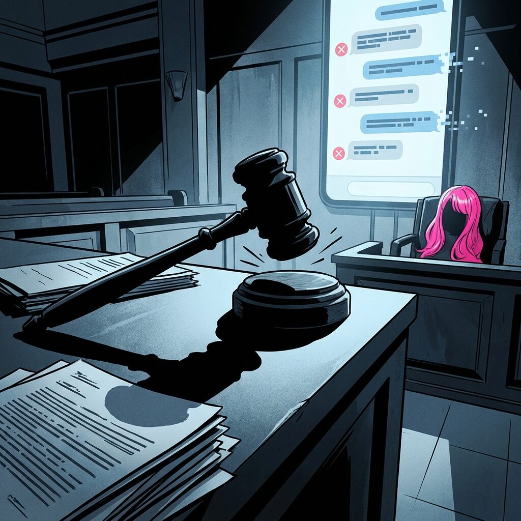 A stylized artistic scene of a courtroom rendered in stark, dramatic lighting — a judge