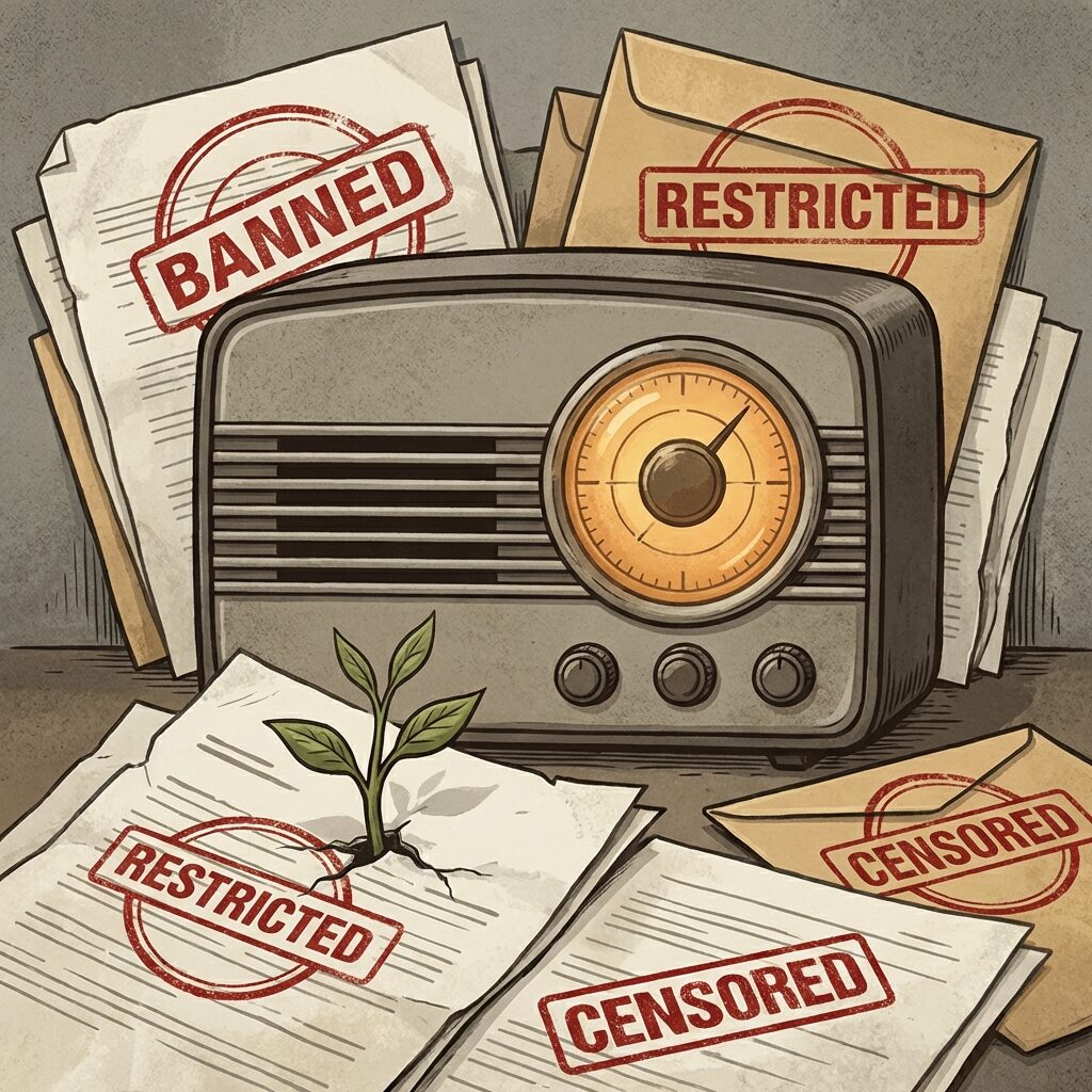 A stylized illustration of a radio with its dial glowing warm amber, surrounded by scattered official-looking documents stamped with red