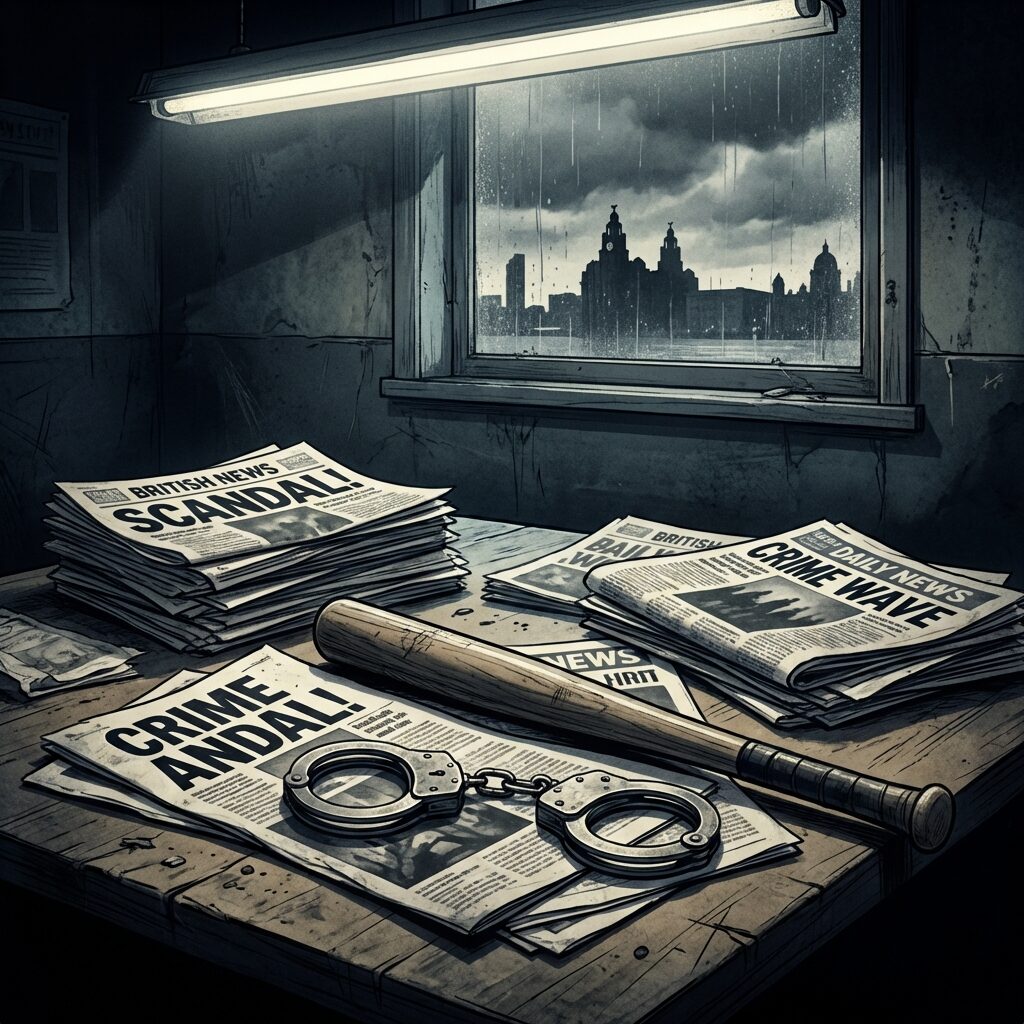 A stylized illustration of British tabloid newspapers scattered across a surface, headlines visible but blurred into illegibility. A pair of handcuffs and a baseball bat rest on top of the papers. In the background, the Liverpool waterfront skyline is visible through a rain-streaked window. The mood is tense and dramatic, lit by harsh fluorescent light mixed with gray daylight. The style is noir-influenced with desaturated colors and sharp shadows, evoking late-1980s British media sensationalism.
