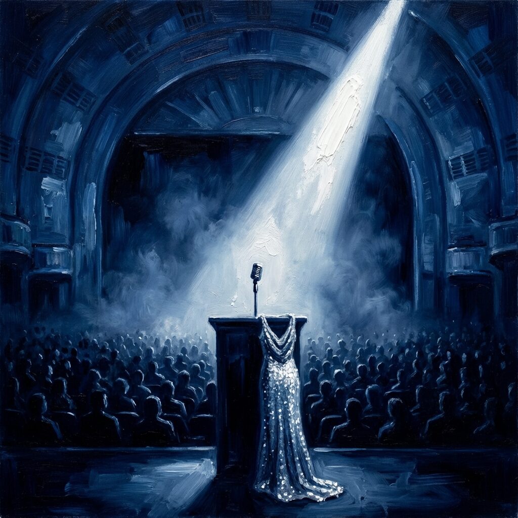 A stylized artistic rendering of a dramatic awards show stage at Radio City Music Hall, spotlight cutting through haze onto a lone microphone stand at center stage, the audience visible as shadowy silhouettes, a silver sequined gown draped over the podium, dramatic chiaroscuro lighting with deep blues and stark white spotlight, tension and spectacle captured in a cinematic painterly style, no recognizable faces