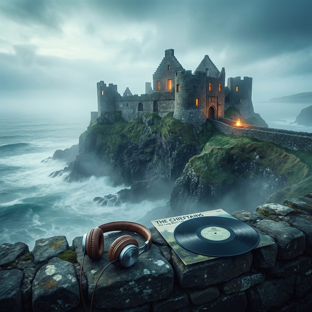A stylized scene of a medieval Irish castle perched on a misty clifftop, dramatic moody lighting with fog rolling in from the sea, contrasted with a pair of modern headphones and a vinyl record sitting on the castle