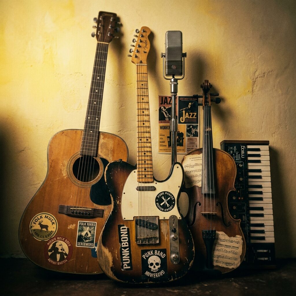 A moody still-life of different instruments gathered against a yellow-lit backdrop — an acoustic guitar, an electric Telecaster, a viola, a microphone, a small synthesizer — each suggesting a different genre of cover, stylized graphic composition, warm yellows and earth tones, shallow focus, painterly