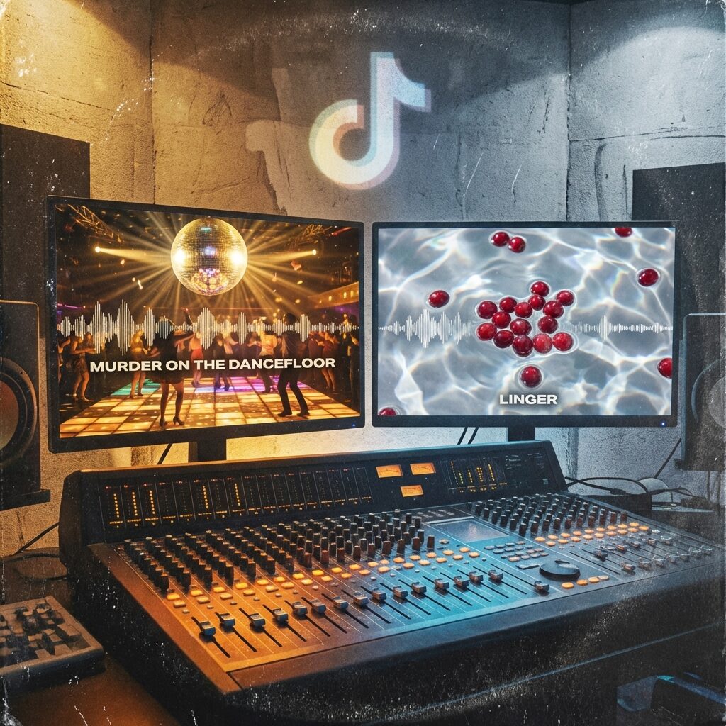 A stylized artistic rendering of a recording studio control room with two large monitors showing waveforms. On one screen, a disco ball and dance floor imagery (evoking 