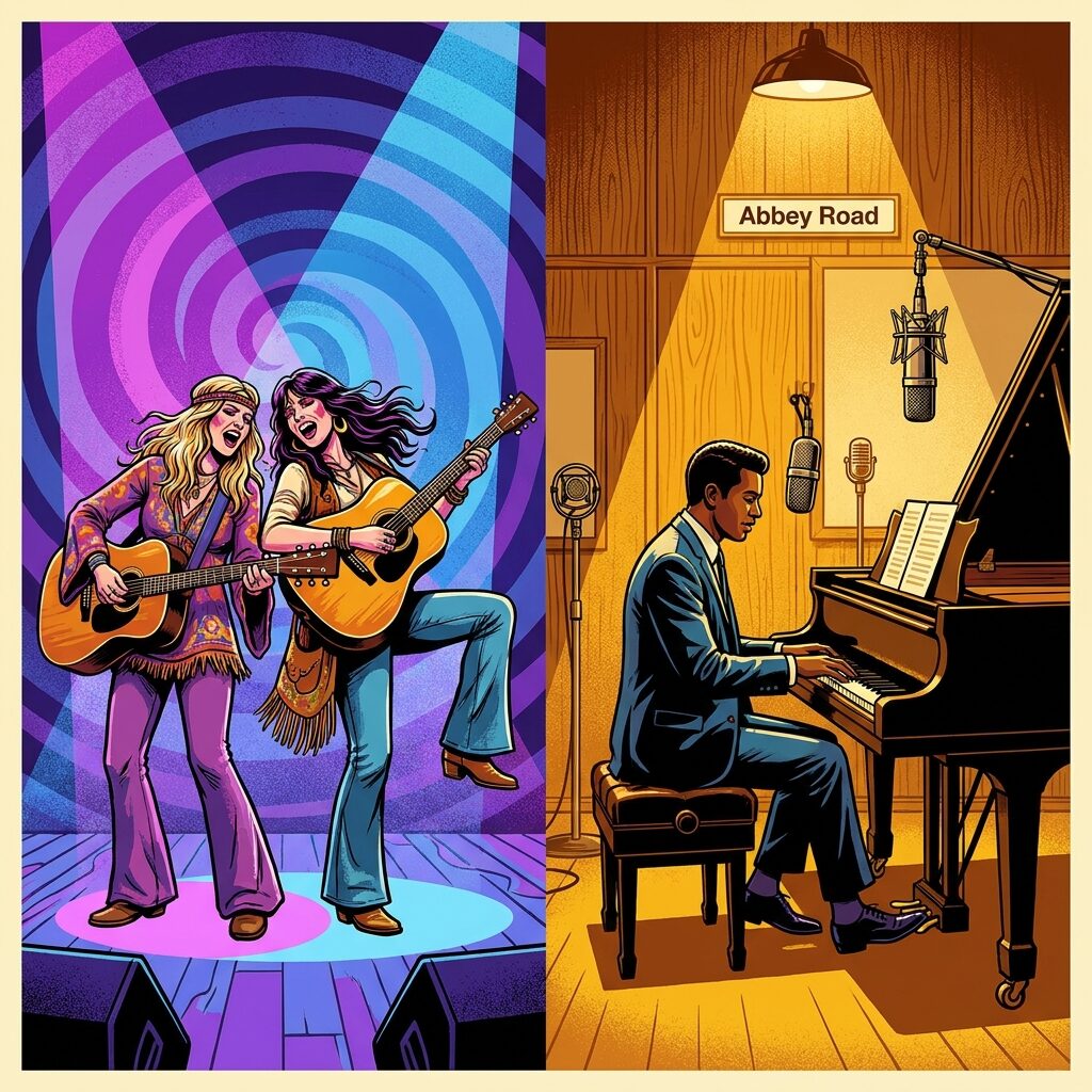 A stylized concert stage split into two halves: on the left, two women performing passionately with acoustic guitars under purple and blue spotlights, on the right, a male singer in a sharp suit at a grand piano in a wood-paneled studio resembling Abbey Road, warm golden lighting, artistic illustration style with bold color contrasts