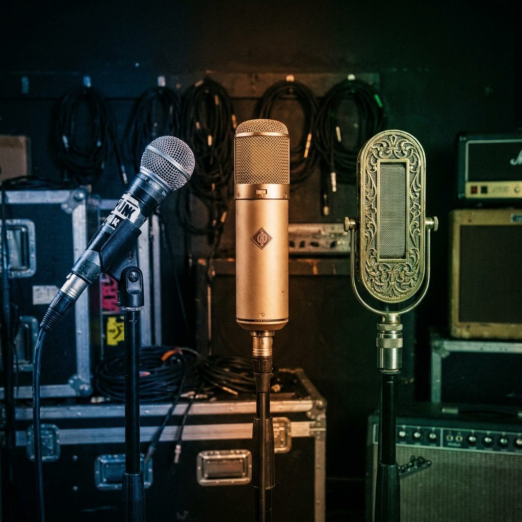 A row of different styled microphones from different eras — a punk-era SM58, an indie jangle-pop condenser, a baroque viola — arranged on stands in a moody backstage setting, each lit in a different color gel (blue, amber, green), suggesting multiple interpretations of the same song across genres and decades