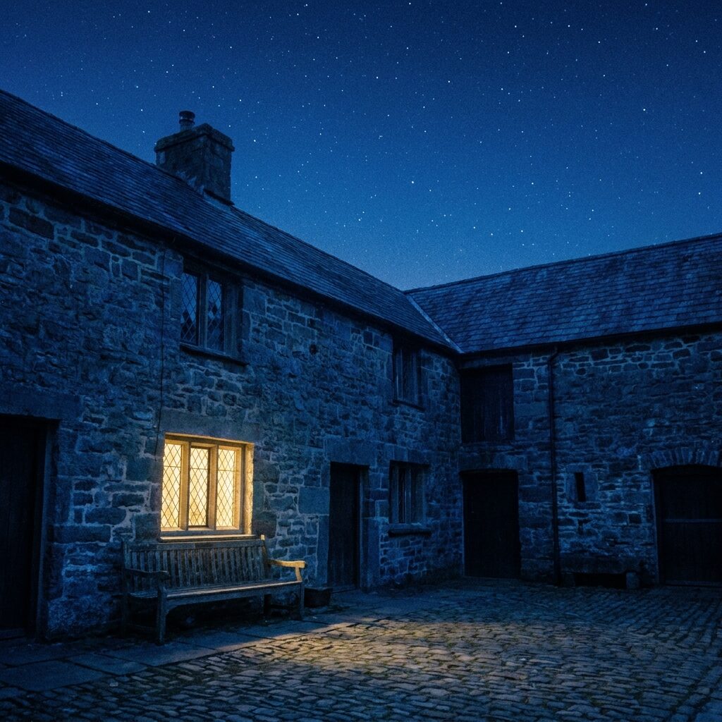 A rural Welsh studio courtyard at night, a quadrangle of old stone buildings, one window glowing warm yellow light, a vast unpolluted star-filled sky overhead, no people visible, atmospheric painterly composition, moody deep blues and warm yellows, cinematic, slight film grain