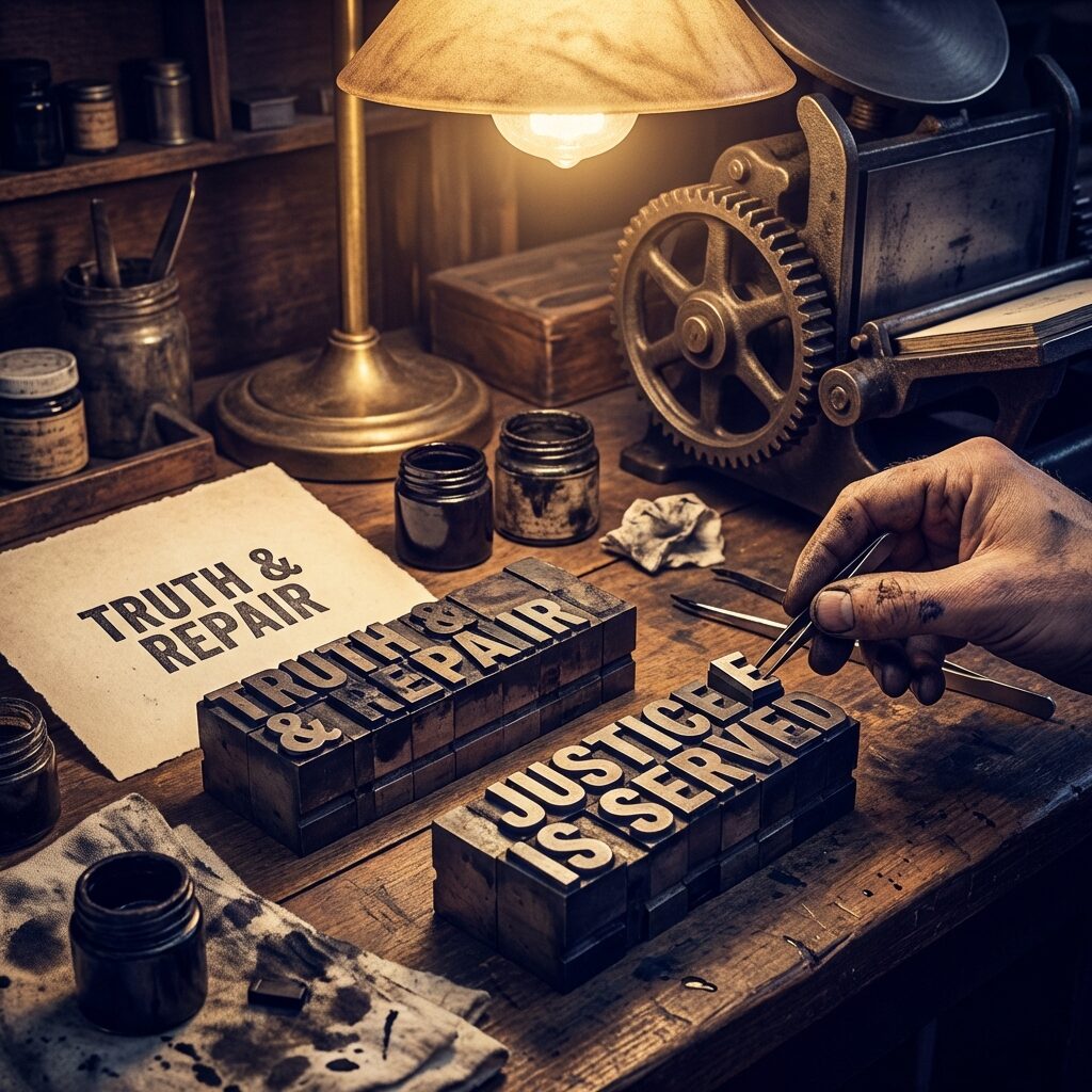 A stylized artistic scene of two names being typeset in old-fashioned letterpress blocks — one name already inked and printed, a second name being carefully added beside it with a compositor