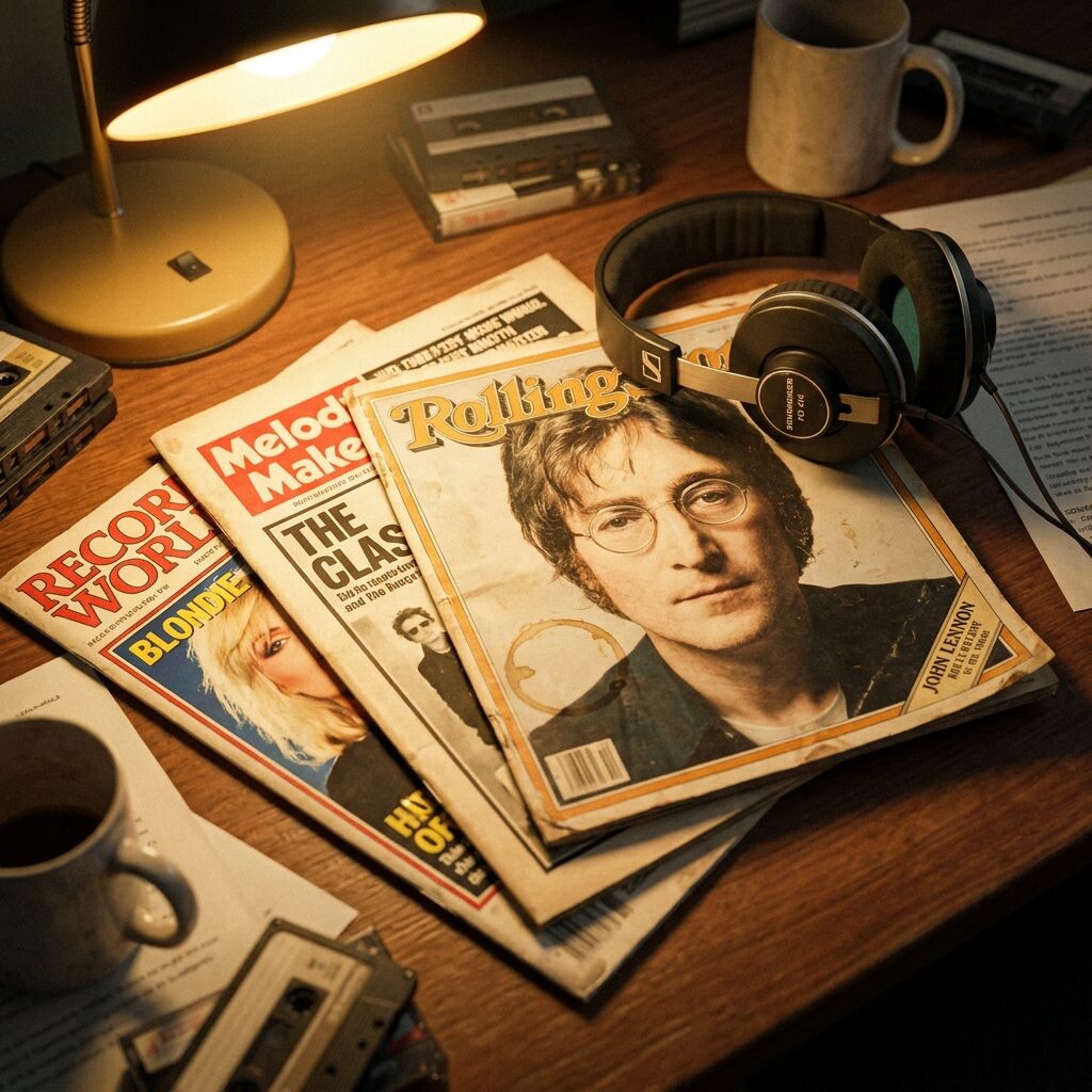 A stack of vintage music magazines from the early 1980s — Rolling Stone, Melody Maker, Record World — fanned out on a desk with a pair of over-ear headphones resting on top, a coffee-stained ring visible on one cover, warm desk lamp illumination, nostalgic photorealistic still life with shallow depth of field