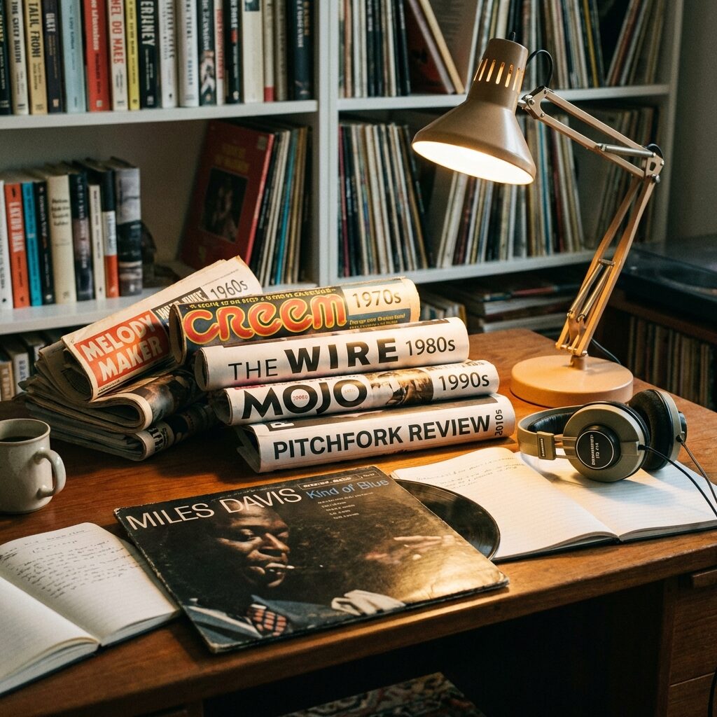 A stylized arrangement of music magazines and publications from different decades: rolled-up magazines with visible masthead-style typography scattered on a wooden desk, a vinyl record partially out of its sleeve, a pair of vintage headphones, warm reading lamp lighting, scholarly but casual atmosphere suggesting decades of critical reassessment.