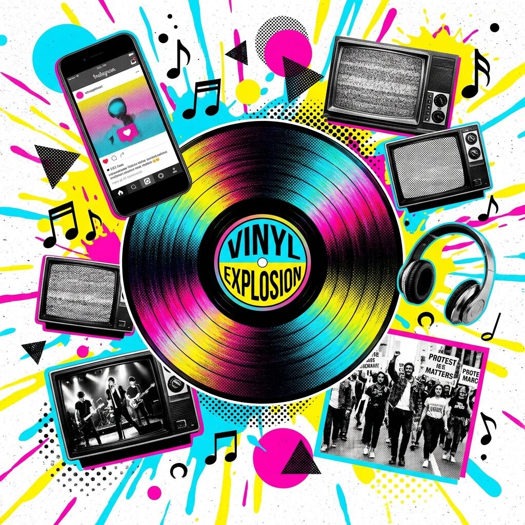 A collage-style composition showing a vinyl record at center surrounded by floating elements: a smartphone showing a social media feed, vintage TV screens showing different scenes, headphones, musical notes, and abstract geometric shapes, bright pop art colors against a white background, playful and energetic composition, Andy Warhol inspired aesthetic, square format