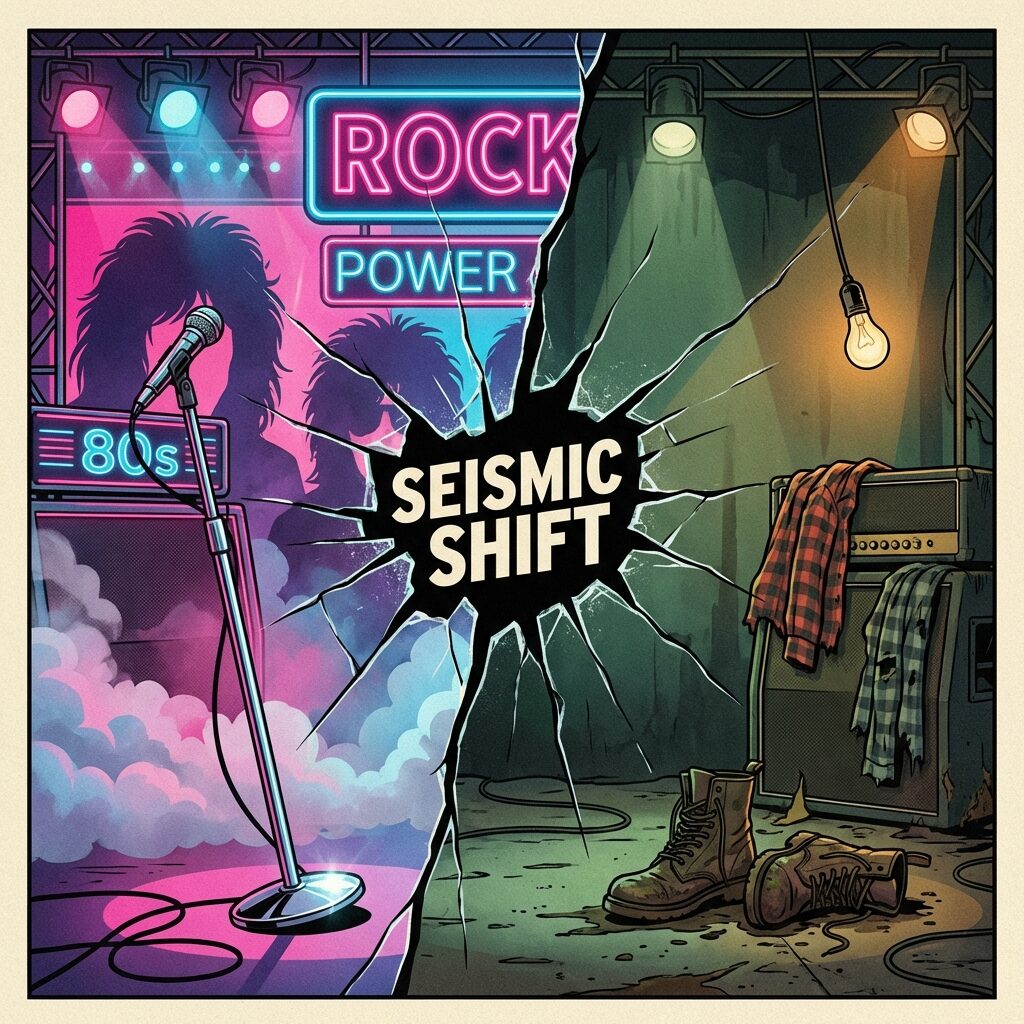 A dramatic before-and-after split composition. Left side: a stylized 1980s rock scene with neon lights, big hair silhouettes, flashy stage lighting in hot pinks and electric blues, a gleaming chrome microphone stand. Right side: the same stage transformed — dim, moody lighting in muted greens and ambers, flannel fabric draped over equipment, scuffed boots on a dirty stage floor, a single bare lightbulb swinging overhead. The dividing line between the two halves cracks like broken glass. The contrast captures a seismic cultural shift. Square format, bold graphic illustration style with strong color blocking.