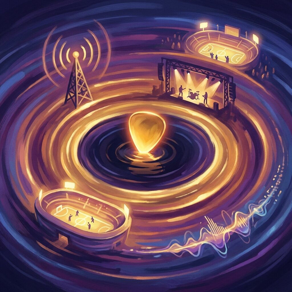A stylized artistic scene showing a golden guitar pick dropping into still water, creating expanding concentric ripples that transform into different cultural scenes as they spread outward — a concert stage, a radio tower, a sports stadium, streaming waveforms. The central impact point glows warm gold while the outer ripples shift through cool blues and purples. The composition suggests a single moment of creation sending waves across the entire world. Abstract and symbolic, painterly style with rich color gradients. No text, no recognizable faces.
