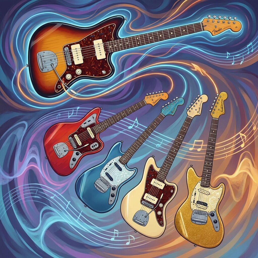 A stylized cascade of electric guitars spanning decades: a Fender Jazzmaster at the top flowing into a series of offset guitars below it, each in a different color representing a different era, connected by glowing lines suggesting influence and connection, abstract musical waveforms in the background, cool blues and warm ambers, artistic representation of musical lineage and influence.