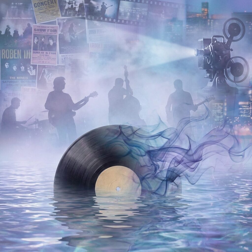 A dreamy collage-style scene showing a vinyl record dissolving into rippling water, with faint ghostly silhouettes of different musicians and a movie projector beam in the background, ethereal blue and violet lighting, hazy dreamlike atmosphere suggesting the song