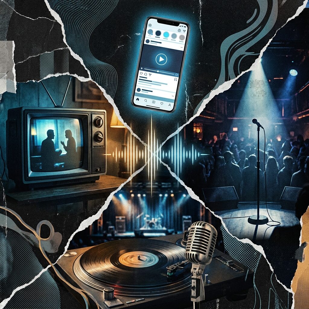 A collage-style artistic illustration showing the cultural spread of a song: a vintage television set showing a period crime drama silhouette, a smartphone displaying a social media video, a vinyl record, and a microphone at a live performance venue — all connected by flowing sound wave lines. Dark moody lighting with pops of amber and electric blue. The composition suggests a single piece of music radiating outward through different media. No text, no real faces, stylized artistic rendering.