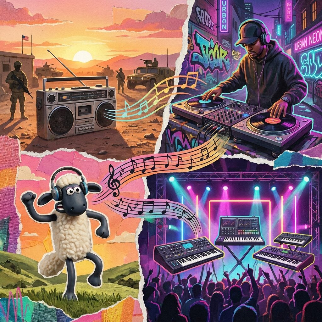 A stylized collage-style composition showing diverse cultural scenes connected by sound waves: a boombox playing on an army base at dawn, a hip-hop turntable with vinyl records, a claymation figure of a sheep (evoking Aardman), and a concert stage with keyboard sampling equipment, all connected by flowing musical notation, warm sunrise colors blending with urban neon, eclectic and energetic mood