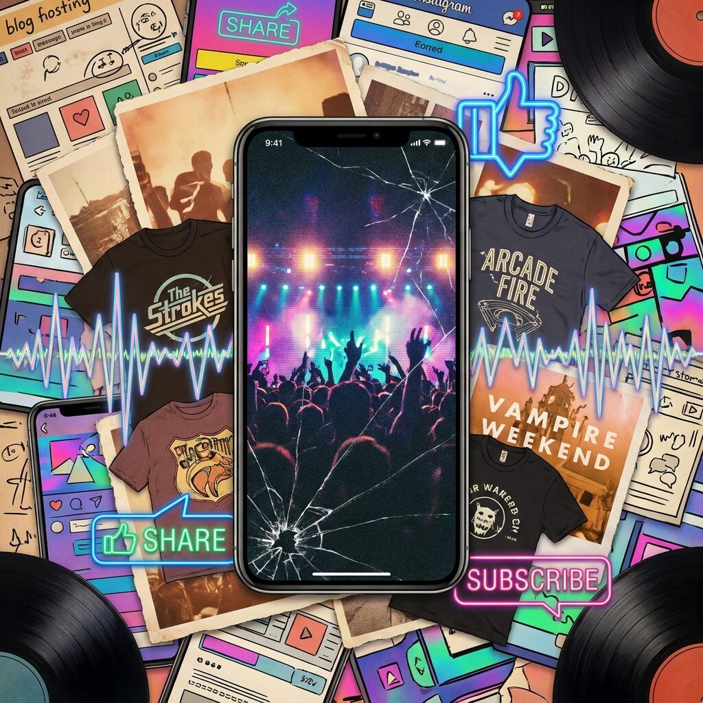 A vibrant collage-style illustration representing the collision of 2000s indie culture with 2020s social media: a cracked smartphone screen showing a vertical video of a concert crowd, surrounded by vinyl records, vintage band t-shirts, and streaming service waveforms, the color palette mixing the grainy warmth of mid-2000s photography with the oversaturated neons of modern social media aesthetics, geometric composition with overlapping layers