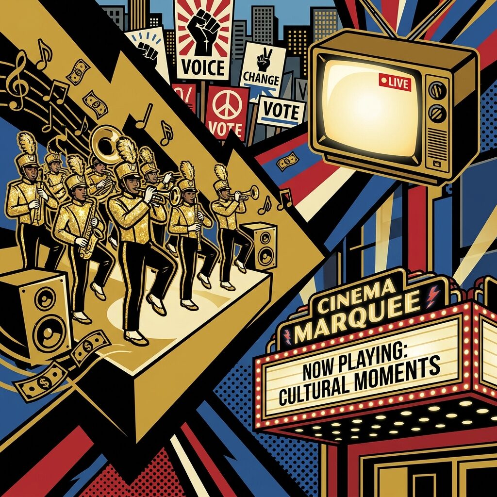 A stylized collage scene combining multiple cultural moments: a marching band in gold uniforms performing on a stage, a television set showing a live broadcast, a movie theater marquee, and protest signs visible in the background. Musical notes and dollar bills swirl together in the composition. The color palette uses bold golds, deep blacks, and patriotic reds and blues. The style evokes mid-2000s pop art with graphic, bold outlines and dynamic diagonal composition. Square format, vibrant illustration style.