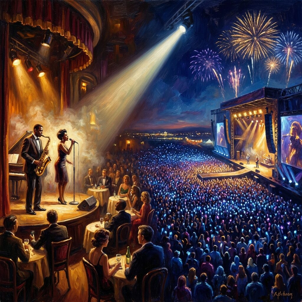 A stylized artistic collage composition divided into three panels: the left panel shows a massive outdoor festival stage at sunset with dramatic spotlights and a huge crowd silhouetted against a golden sky; the center panel depicts an elegant French Riviera wedding venue with string lights and Mediterranean architecture; the right panel shows a smartphone screen displaying a music video with hearts floating around it. The panels are connected by flowing musical notes. Rich, varied color palette — festival golds, wedding whites, digital blues.