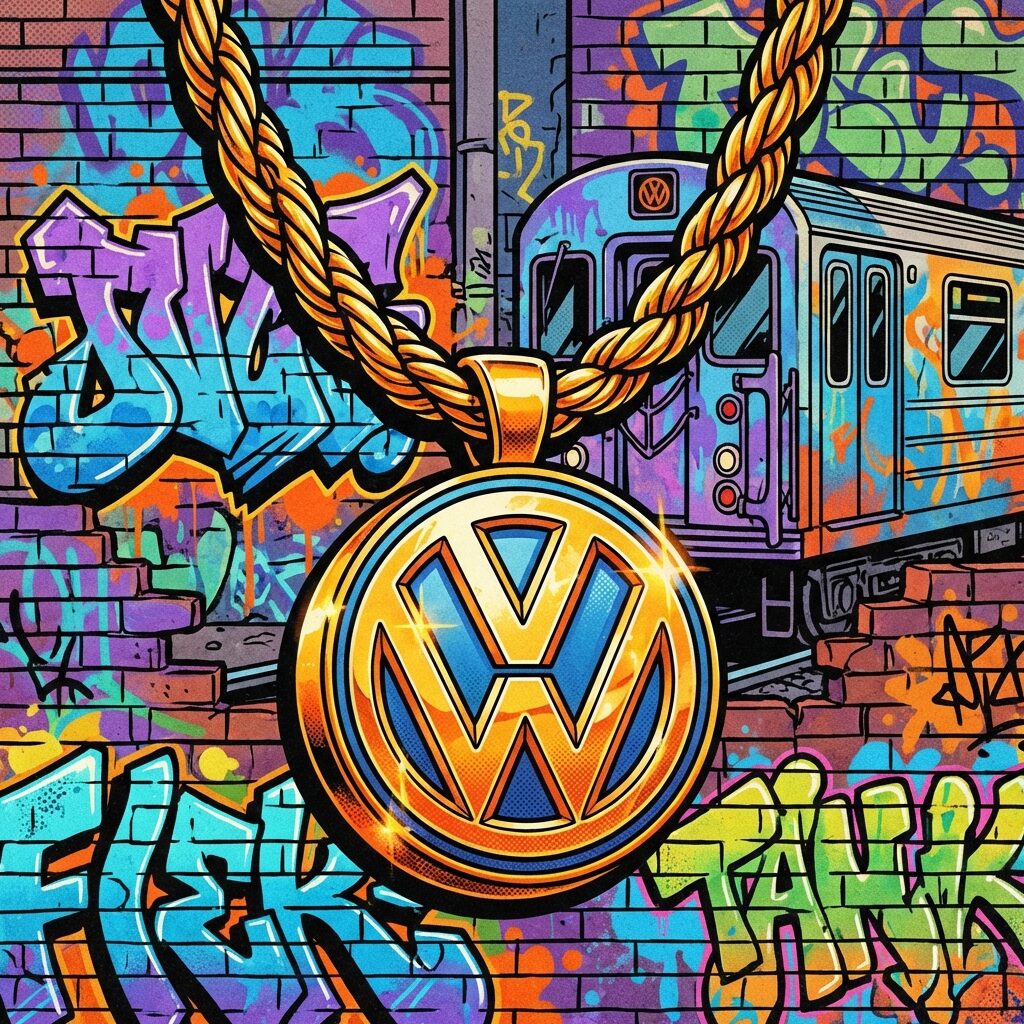 A stylized close-up illustration of a Volkswagen VW logo badge hanging on a thick gold rope chain necklace against a backdrop of 1980s New York City graffiti. The badge gleams under streetlight. The chain is exaggerated and bold in the style of 1980s hip-hop jewelry. Colors are saturated — metallic golds, cool blues, and warm oranges from city lights. The style is graphic and bold, like a vintage hip-hop magazine illustration. No real faces or text visible.