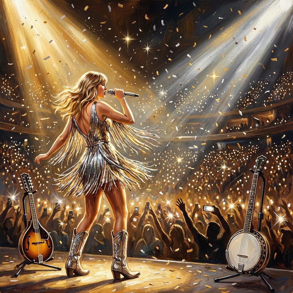 A stylized artistic rendering of a concert stage viewed from the crowd, a performer in a metallic fringed dress and cowboy boots under dramatic spotlight, a banjolin and banjo propped on stands at the edge of the stage, confetti and sparkles in the air, the energy of a massive arena tour, warm golden and silver lighting, crowd silhouettes with raised phones creating a sea of tiny lights, painterly illustration with rich detail and dynamic composition