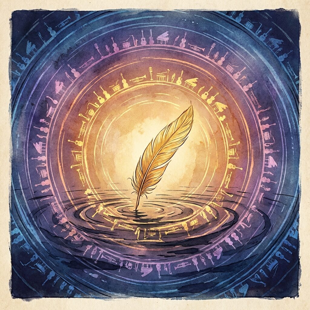 A stylized artistic scene showing ripples spreading outward from a feather touching the surface of dark water, each ripple ring containing tiny silhouettes of different musical instruments and microphones, warm golden light emanating from the center, transitioning to cool blues at the edges, symbolizing expanding influence, dreamy atmospheric quality, artistic and metaphorical, square composition