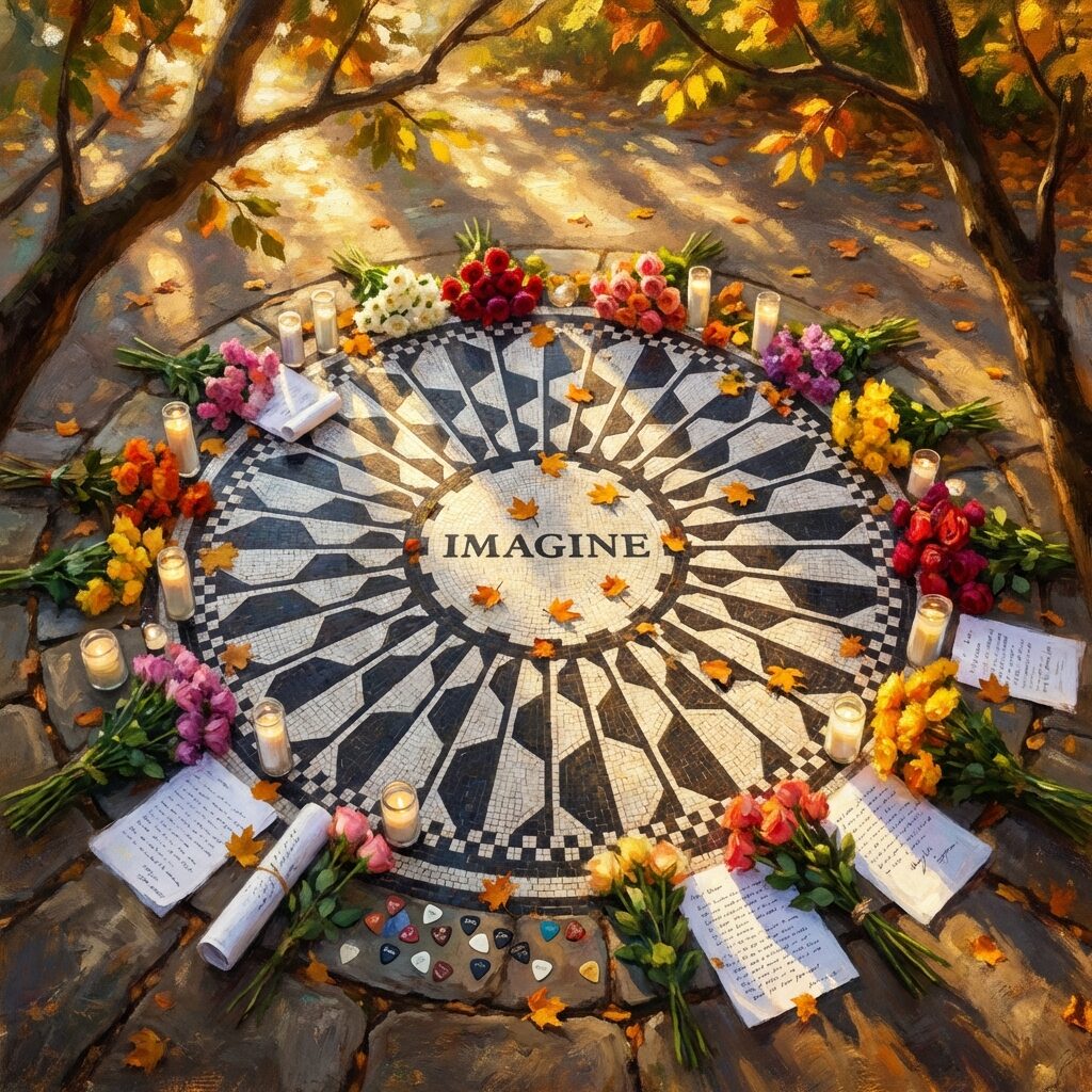 A stylized artistic scene of a circular mosaic on the ground spelling out a single word, surrounded by flowers, candles, guitar picks, and handwritten notes left as offerings. The mosaic is black and white tile in a star pattern. Central Park trees frame the scene with dappled autumn light filtering through. Warm golden hour tones. A few scattered autumn leaves. Painterly impressionist style evoking peaceful remembrance. Square composition, overhead angle.