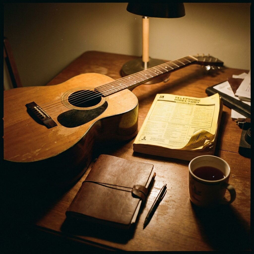 A dog-eared Yellow Pages directory sitting beside an acoustic guitar on a wooden studio table, warm dim tungsten lighting, shadows from an unseen lamp, a notebook and pen nearby, a half-full mug of tea, cinematic close-up, film grain, mood of quiet late-night work, photorealistic