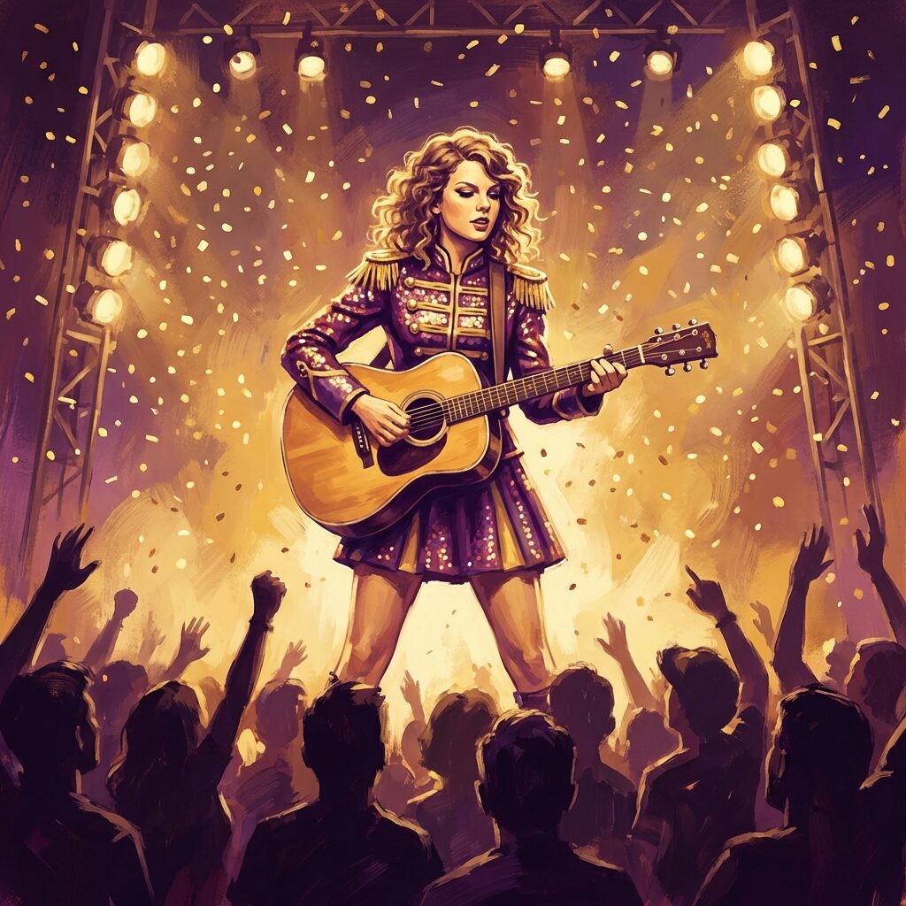 A stylized artistic rendering of a young female country-pop performer on a brightly lit concert stage in a sparkling drum majorette uniform, mid-performance with a guitar, confetti in the air, warm golden stage lighting, energetic crowd silhouettes in the foreground, the feel of a late-2000s arena tour, painterly style with vivid colors and dynamic composition