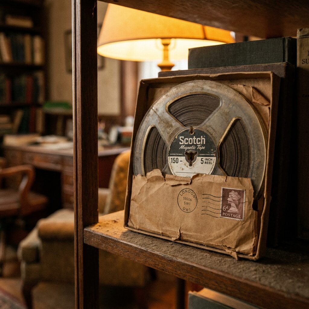 A close-up of a vintage five-inch reel-to-reel tape on a dusty wooden shelf, warm amber lighting, a faded 1960s postal stamp visible on brown paper wrapping, archival atmosphere, muted earth tones, shallow depth of field with soft bokeh background suggesting an old office or study
