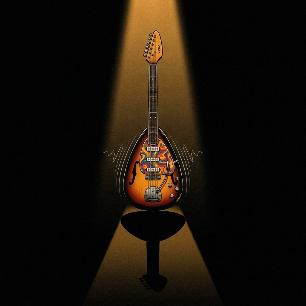 A stylized illustration of a 1960s Vox Starstream XII teardrop-shaped electric guitar floating against a pitch-black background, bathed in a single shaft of moody amber light from above. The guitar