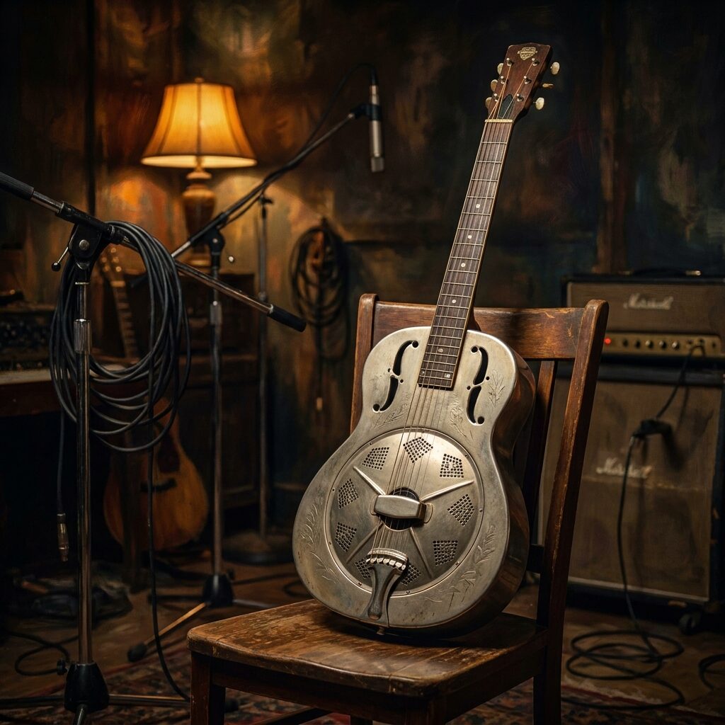 A stylized, moody close-up of a vintage 1937 National Style O resonator guitar resting on a wooden chair in a dimly lit recording studio, warm amber light catching the nickel body, cables and microphones visible in the soft background, intimate and cinematic atmosphere, painterly style