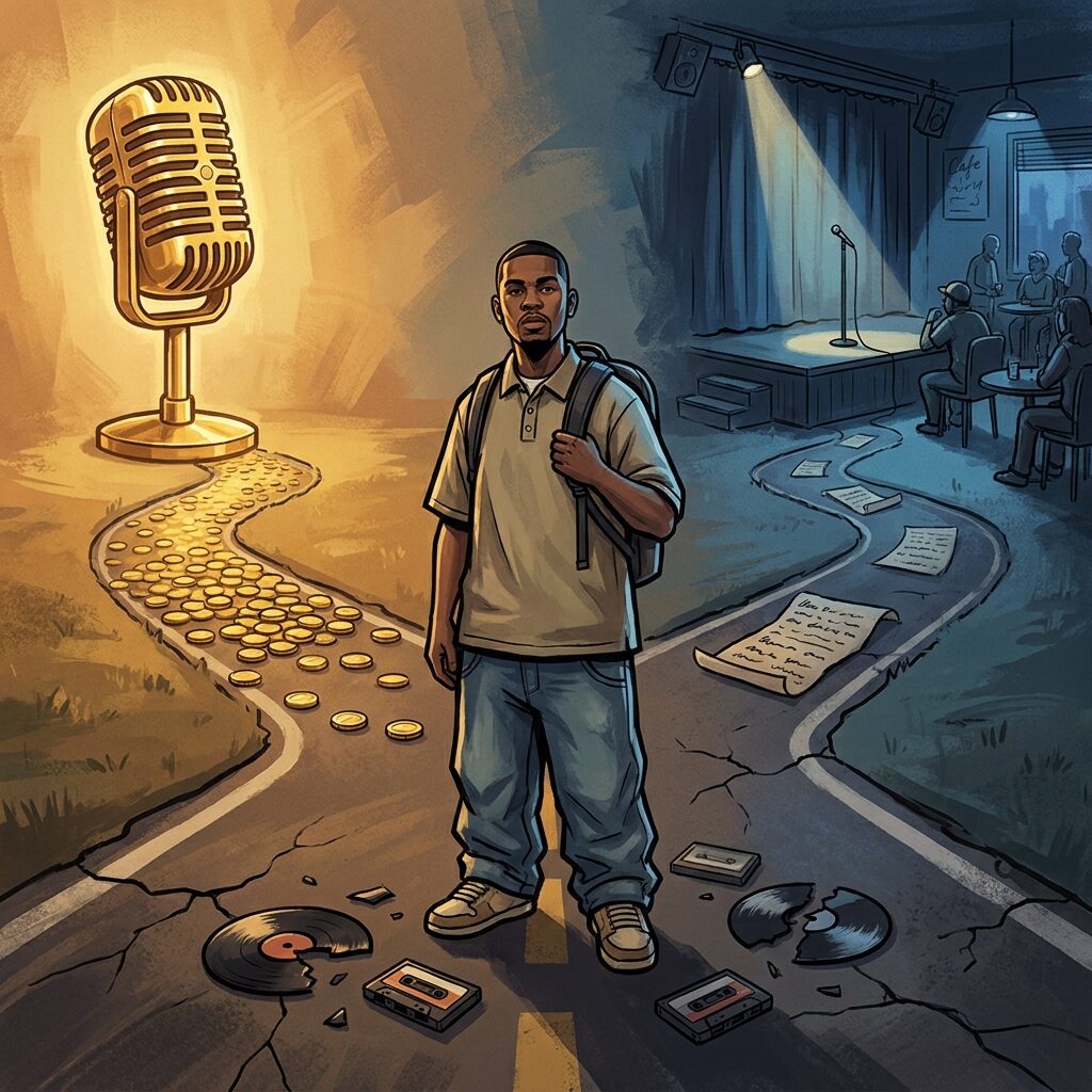A stylized illustration of a mid-2000s hip-hop producer standing at a crossroads, one path leading to a gold-plated microphone and the other to a dimly lit poetry stage. The figure wears a polo shirt and backpack, caught between commercial ambition and artistic integrity. Warm amber and cool blue lighting split the scene. Vintage vinyl records and cassette tapes litter the ground. The aesthetic blends early 2000s streetwear culture with fine art gallery composition. Square format, painterly digital style.
