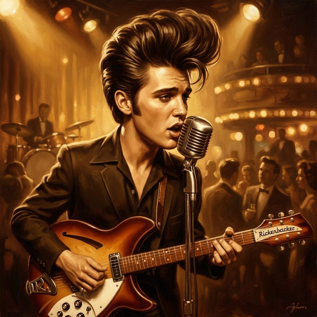 A stylized artistic rendering of a young male musician performing on stage with a vintage Rickenbacker electric guitar, bathed in warm amber spotlight against a dark background. He wears retro 1950s-inspired clothing — rolled sleeves, slicked hair. A dreamy reverb haze fills the air around him. The color palette is rich golds, deep blacks, and warm browns, evoking a blend of mid-century nostalgia and modern performance energy. No text in the image.