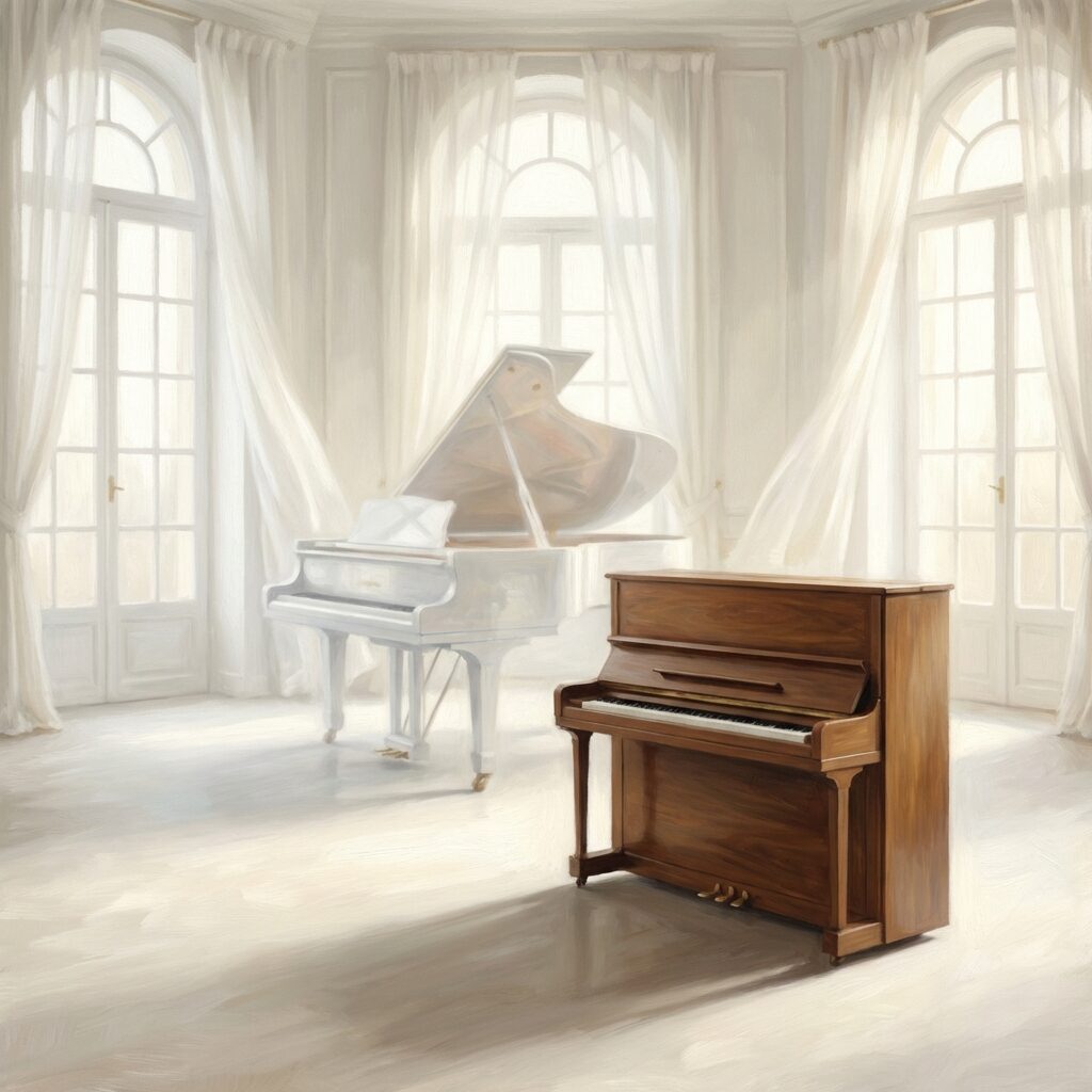 A stylized illustration of an all-white room with tall windows and sheer curtains, light streaming in. In the center sits a white grand piano, but slightly out of focus and ghostly. In the foreground, sharp and vivid, is a modest walnut-colored upright piano casting a long shadow. The contrast between the two instruments is the focal point. Soft, dreamlike lighting with a slight haze. Square composition, painterly style with muted whites and warm wood tones.