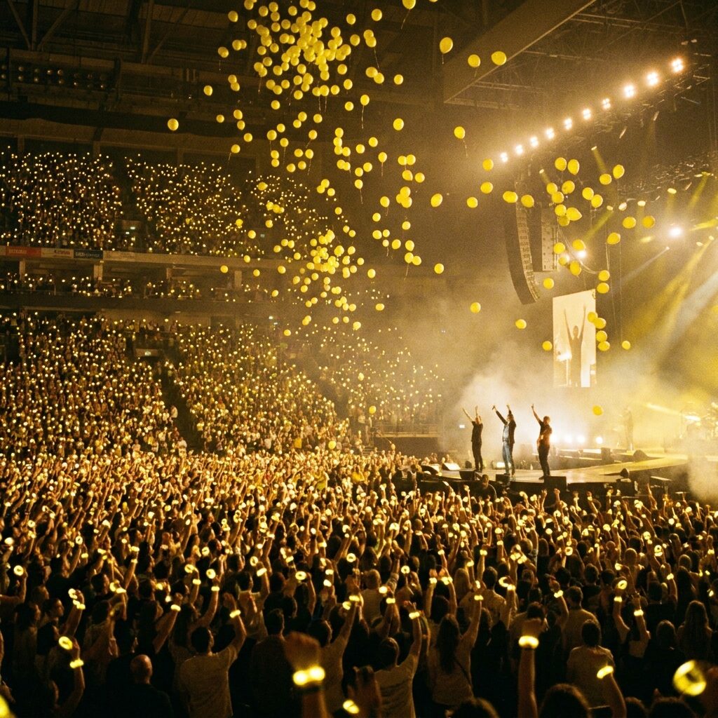 A massive stadium crowd illuminated entirely by glowing yellow LED wristbands, thousands of yellow balloons falling from rafters, stage lights washing everything in warm gold, silhouetted figures with arms raised, cinematic wide shot, dreamlike glow, soft haze in the air, warm yellows dominating the frame